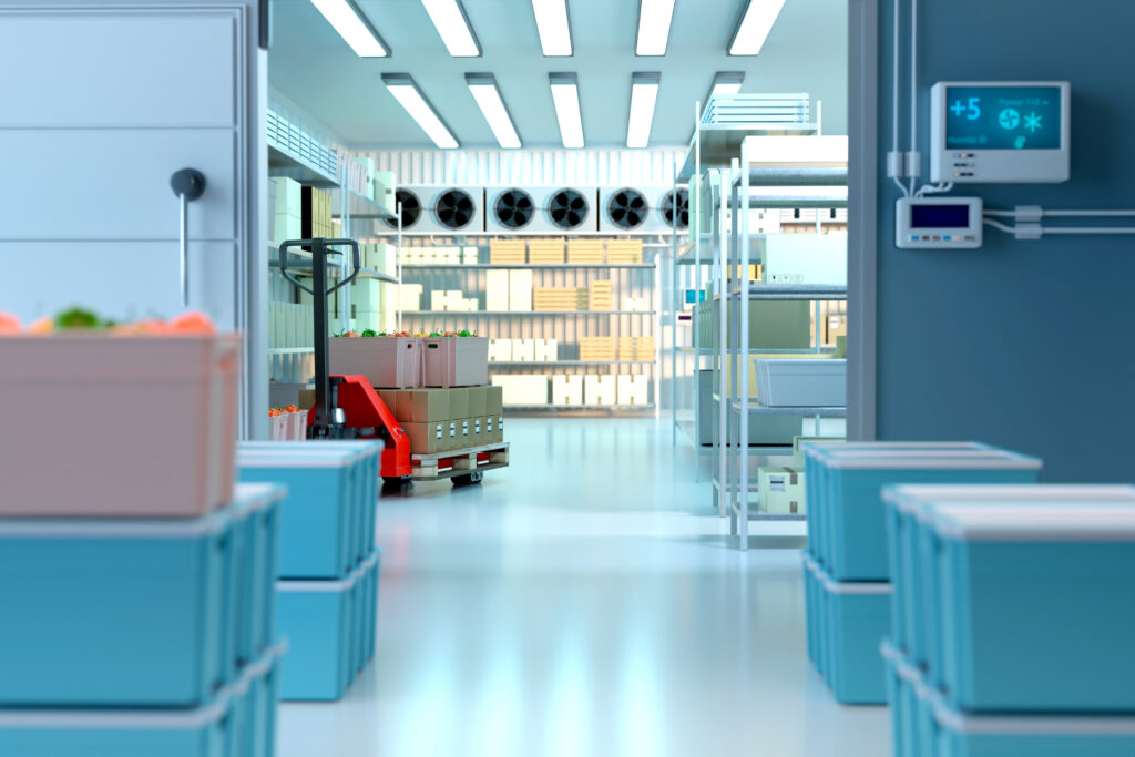 Industrial refrigerated warehouse. Storage for vegetables. Entrance to cold store. Boxes next to giant refrigerator. Refrigerator interior. Shelving and pallet jack inside storage. 3d image